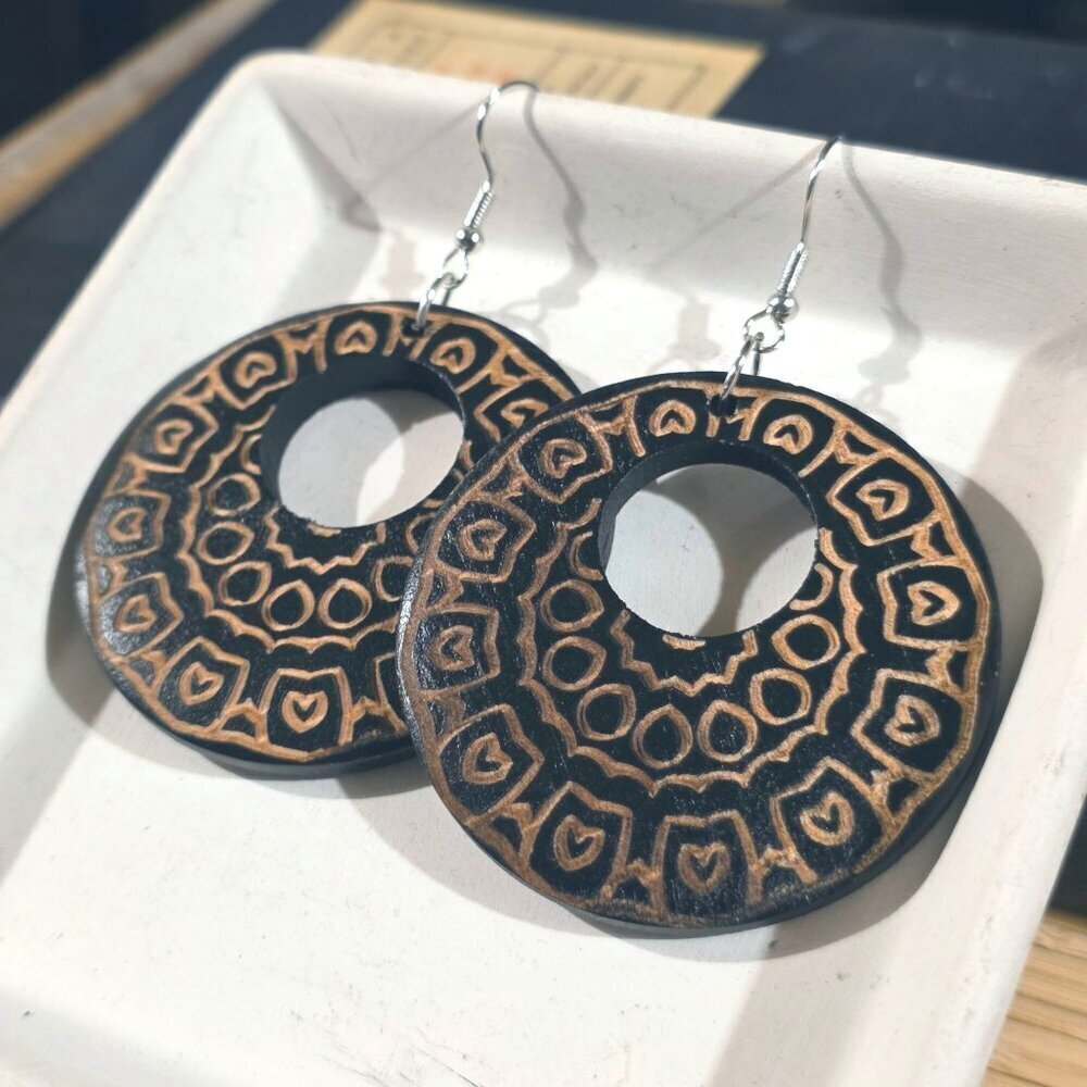 Geometric Abstract Tribal Style Black Tan Laser Etched Handmade Wood Earrings